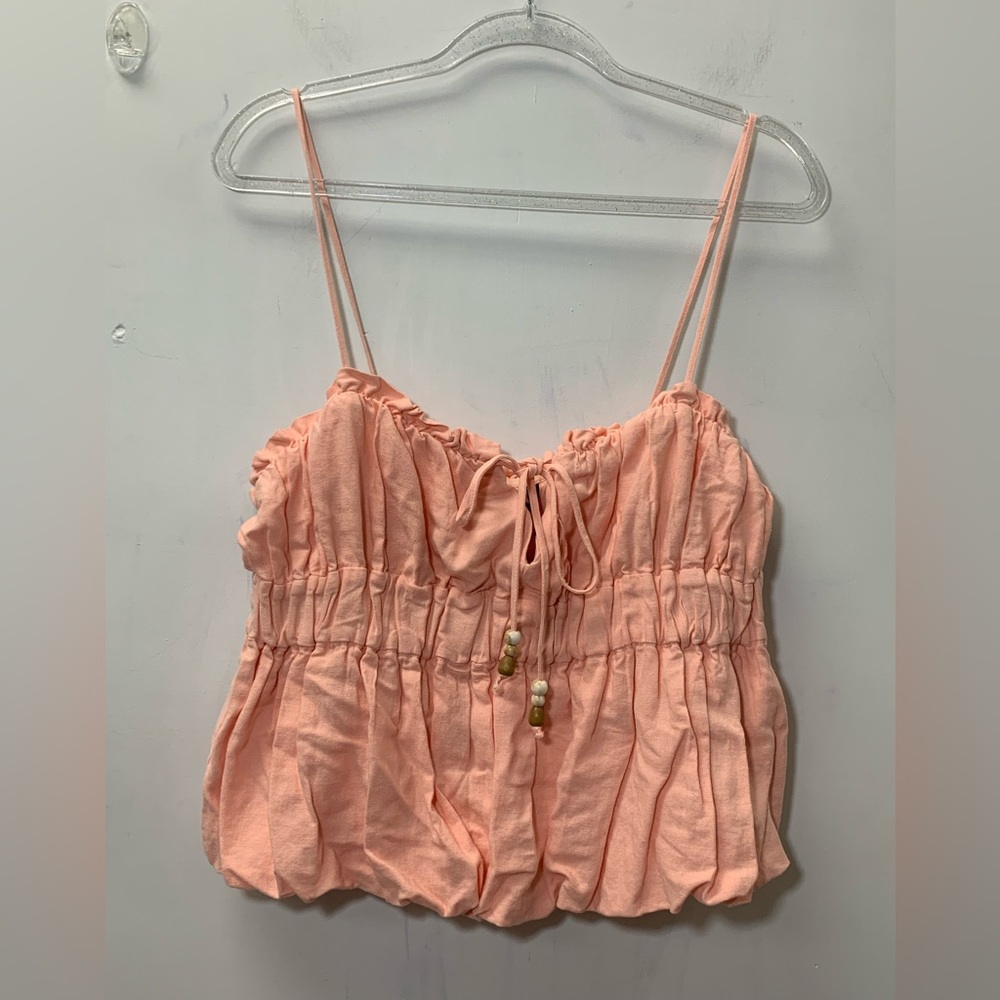 Zara  NWT Peach Linen Elastic top bubble hem beads bow tight ref 8372/113/696 - Picture 6 of 15